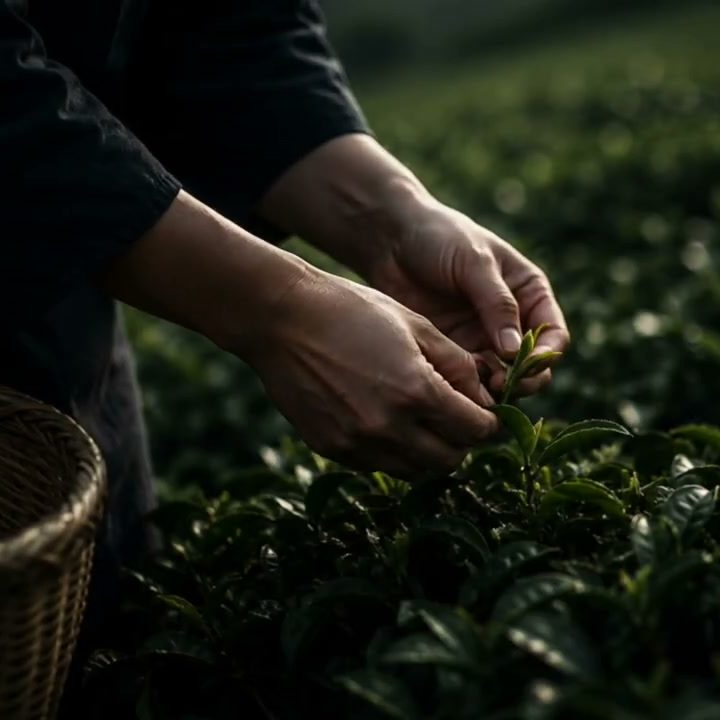 茶葉を手で摘む場面。自作映像「MATCHA from Japan」の一場面