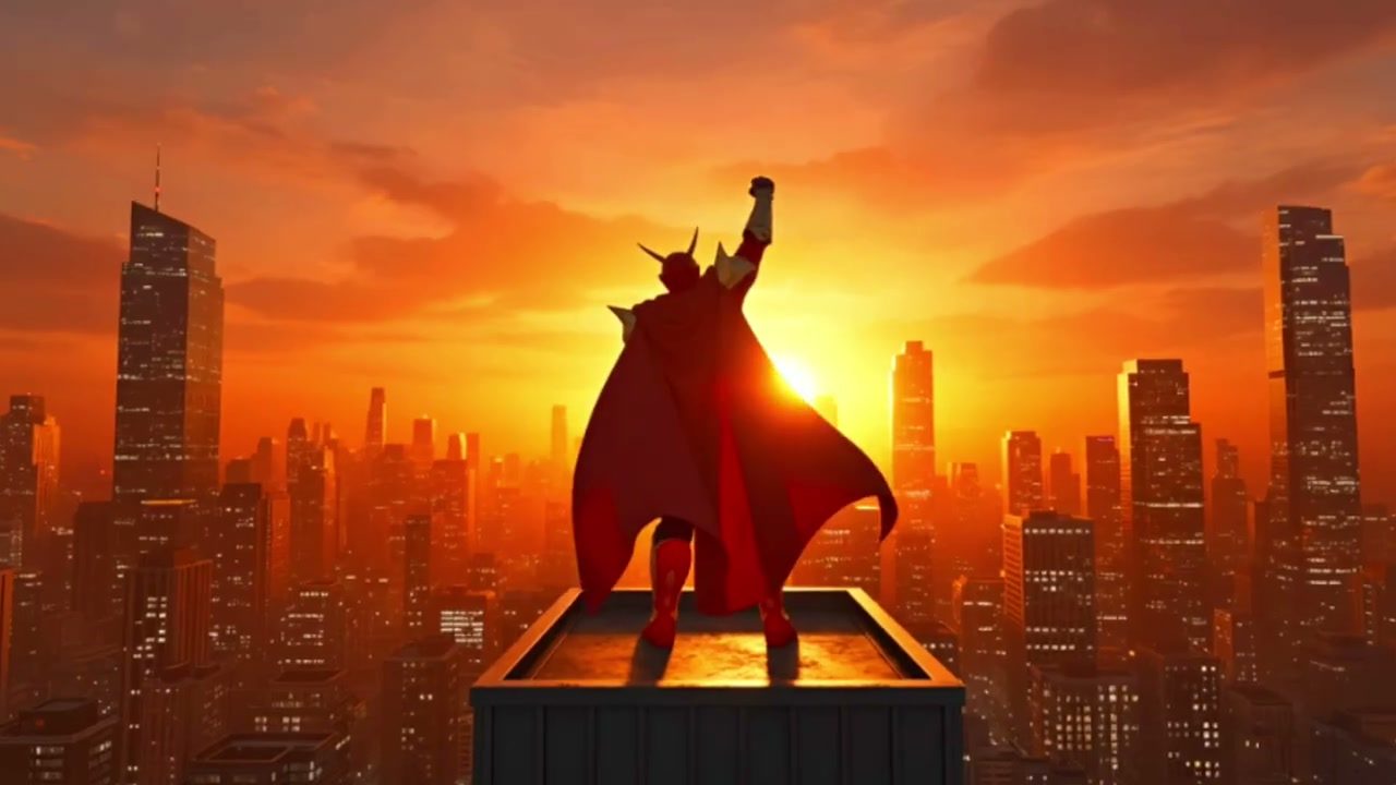 夕暮れの街を見下ろすヒーロー。自作映像「マネタイズ戦士!キノシタ」の一場面